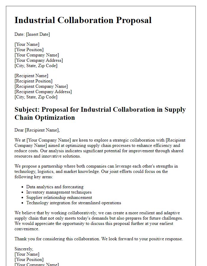 Letter template of industrial collaboration proposal for supply chain optimization.