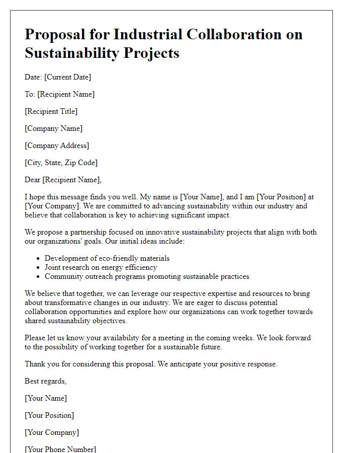 Letter template of industrial collaboration proposal for sustainability projects.