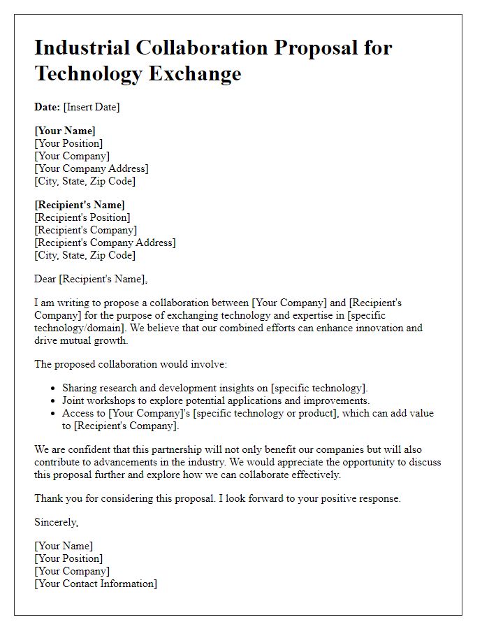 Letter template of industrial collaboration proposal for technology exchange.