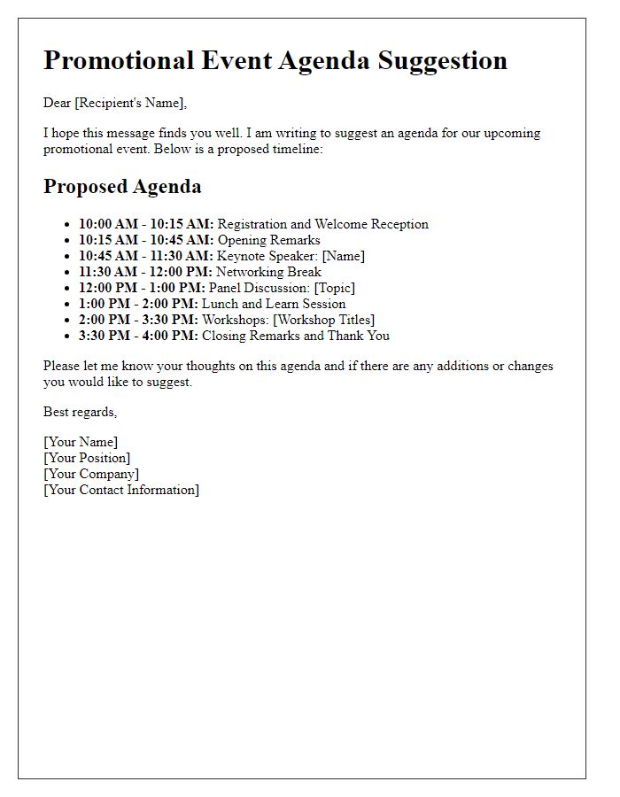 Letter template of promotional event agenda suggestion