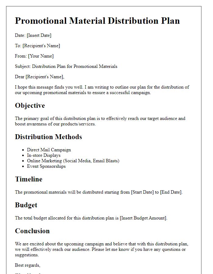 Letter template of promotional material distribution plan