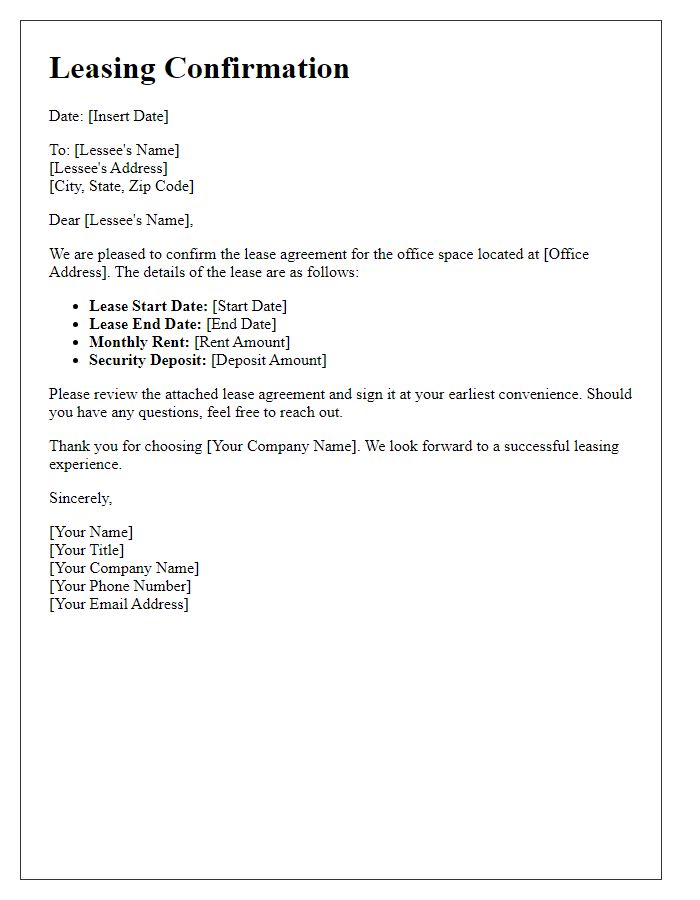 Letter template of office space leasing confirmation