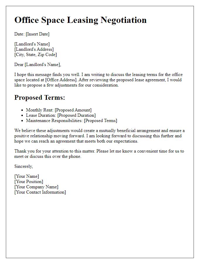 Letter template of office space leasing negotiation