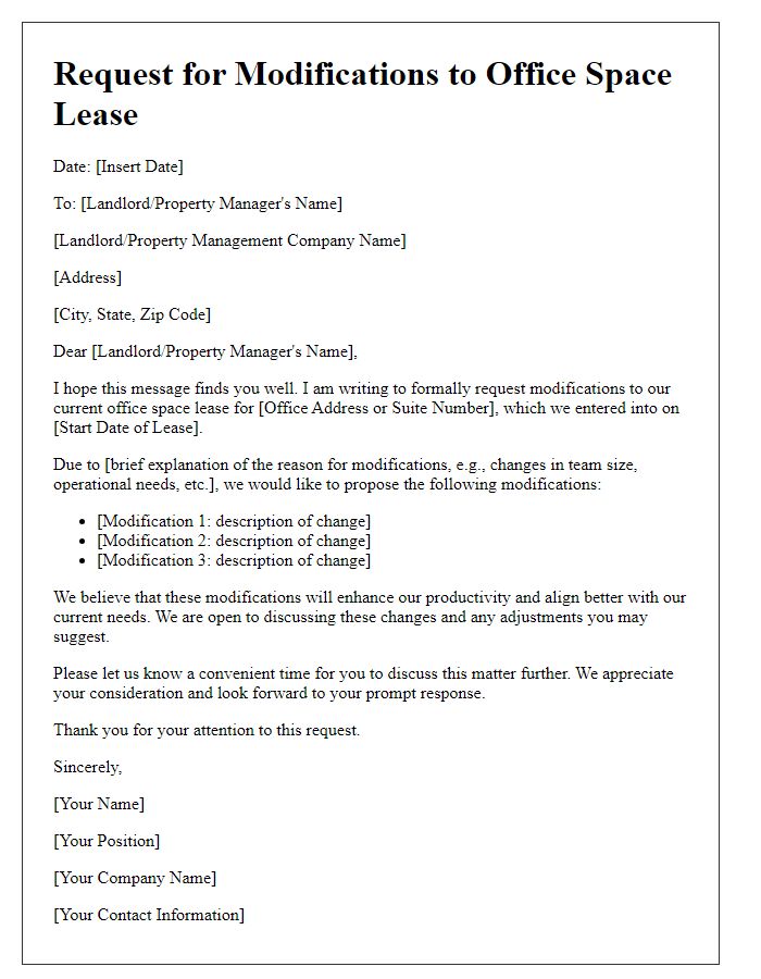 Letter template of office space leasing request for modifications