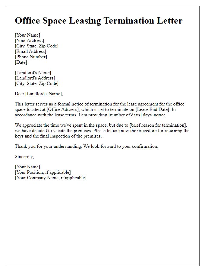 Letter template of office space leasing termination