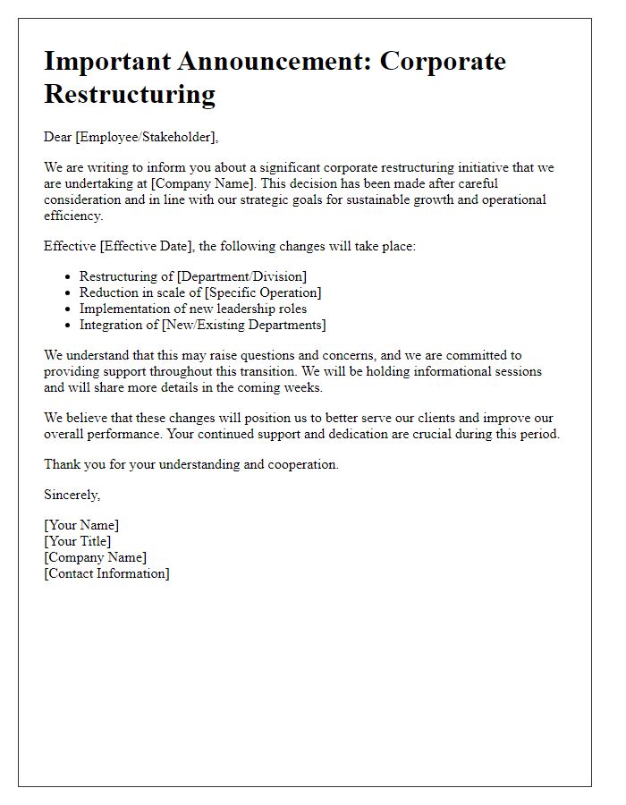 Letter template of corporate restructuring announcement