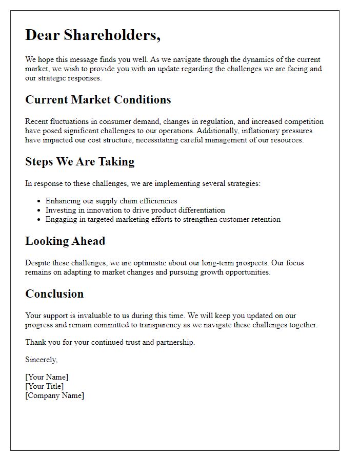 Letter template of market challenges briefing to shareholders