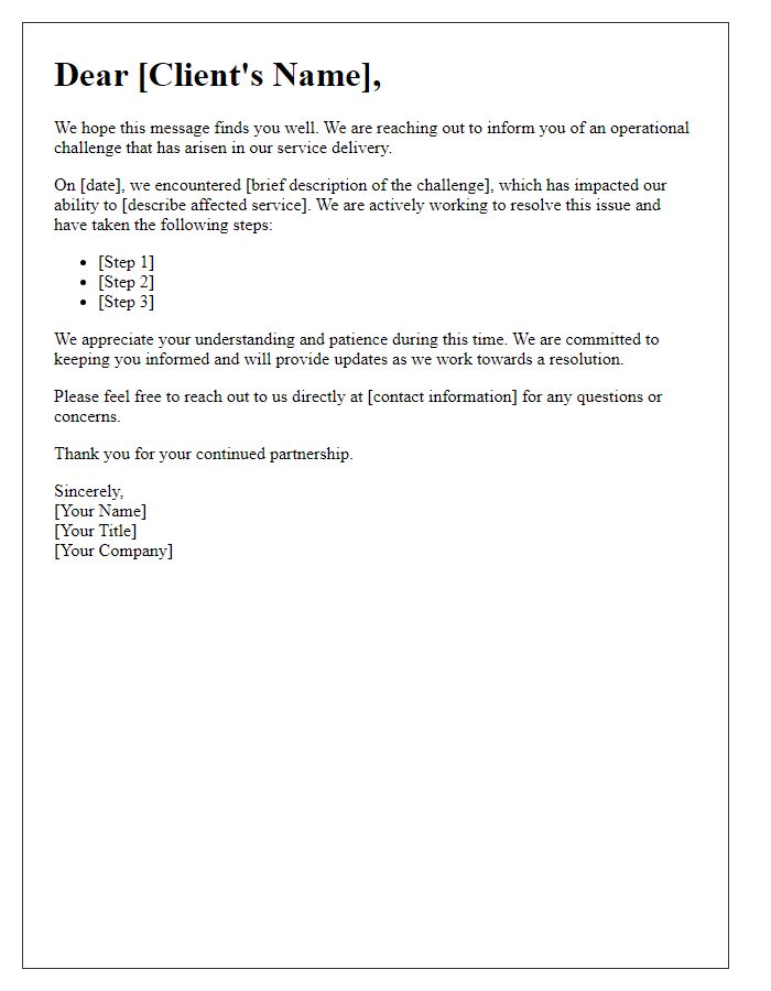 Letter template of operational challenge communication to clients