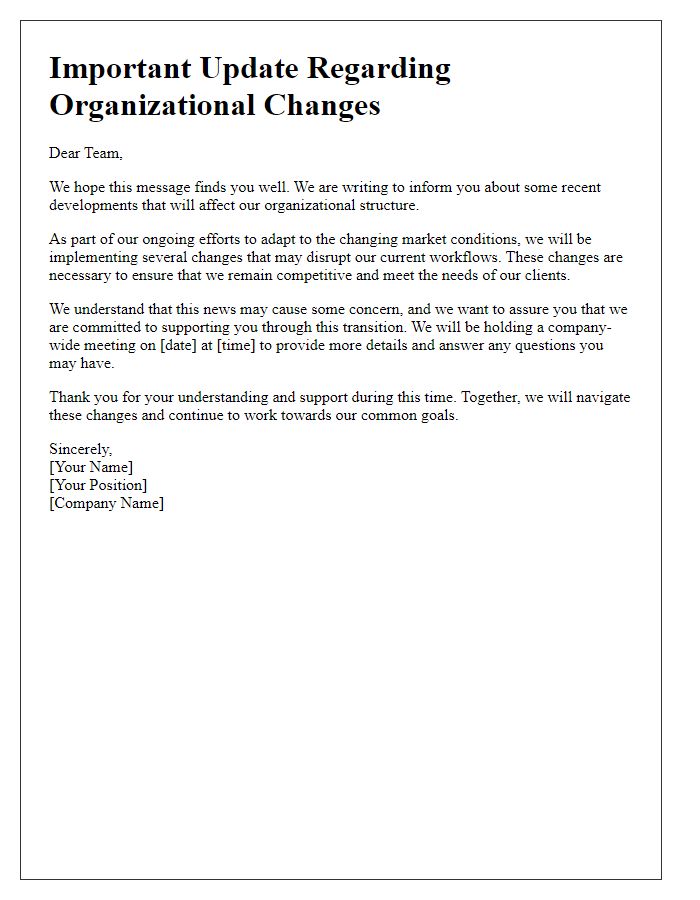 Letter template of organizational disruption message to employees