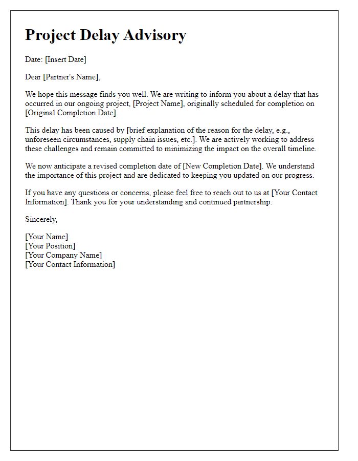 Letter template of project delay advisory to partners