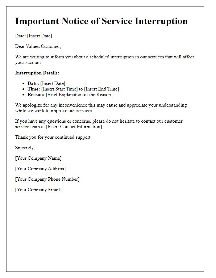 Letter template of service interruption notice to customers