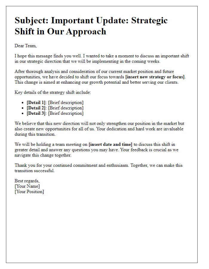 Letter template of strategy shift communication to the team