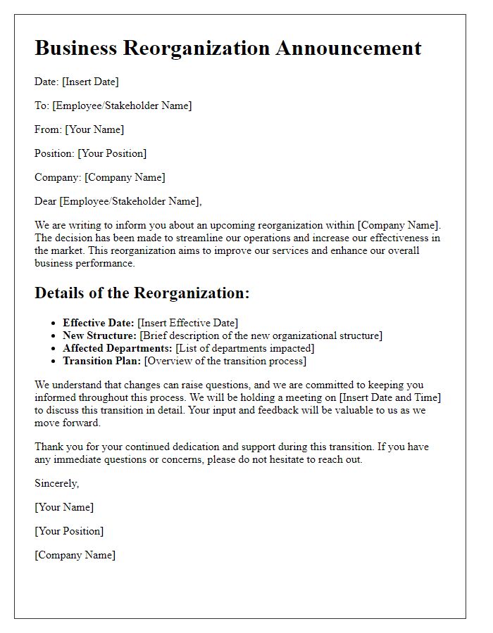 Letter template of business reorganization details