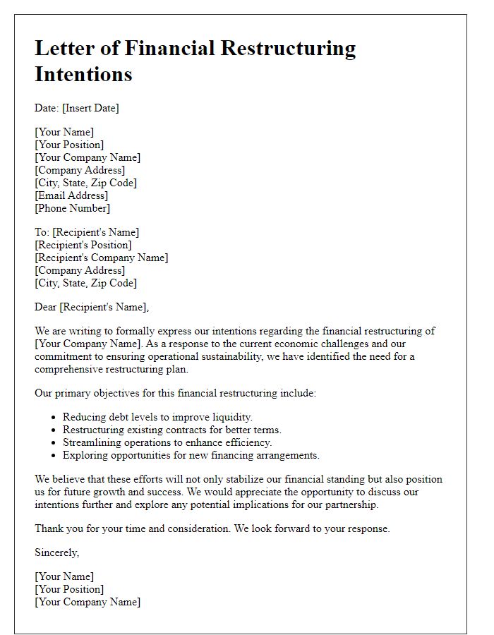 Letter template of financial restructuring intentions