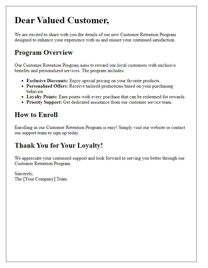 Letter template of customer retention program overview