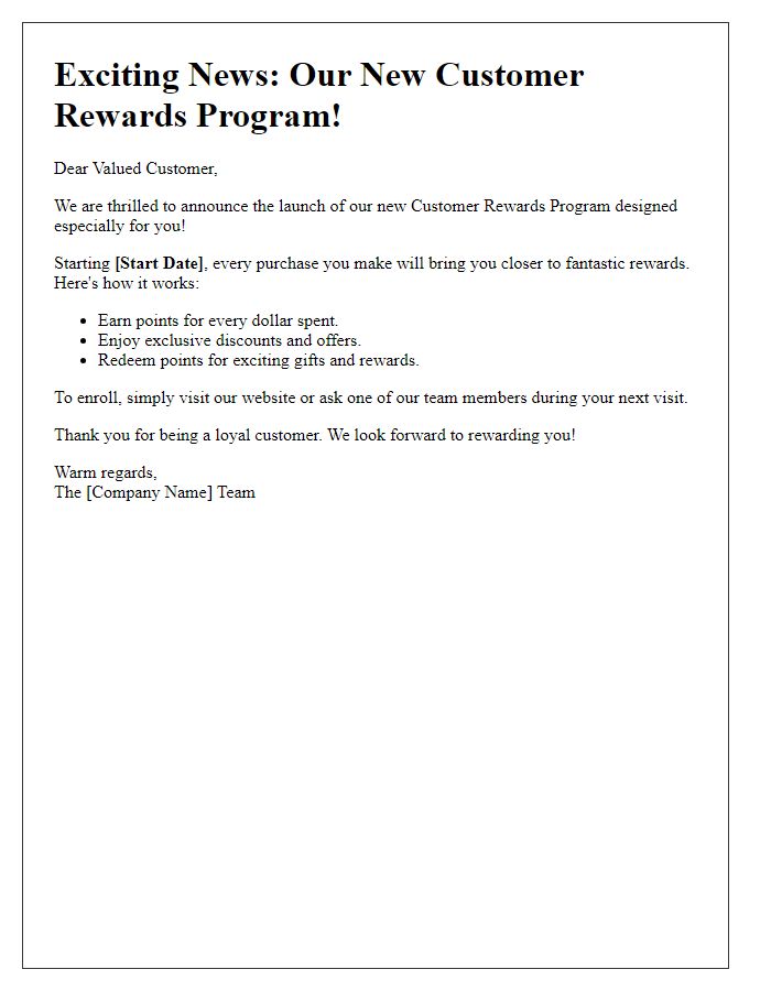 Letter template of customer rewards program announcement