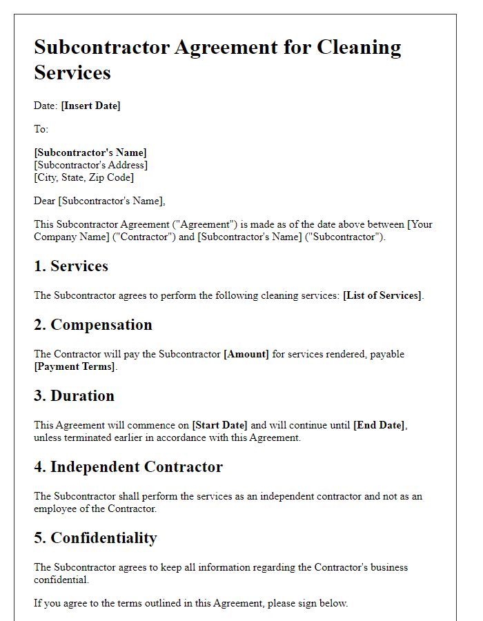 Letter template of subcontractor agreement for cleaning services