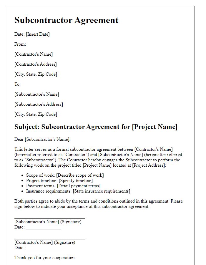 Letter template of subcontractor agreement for construction projects