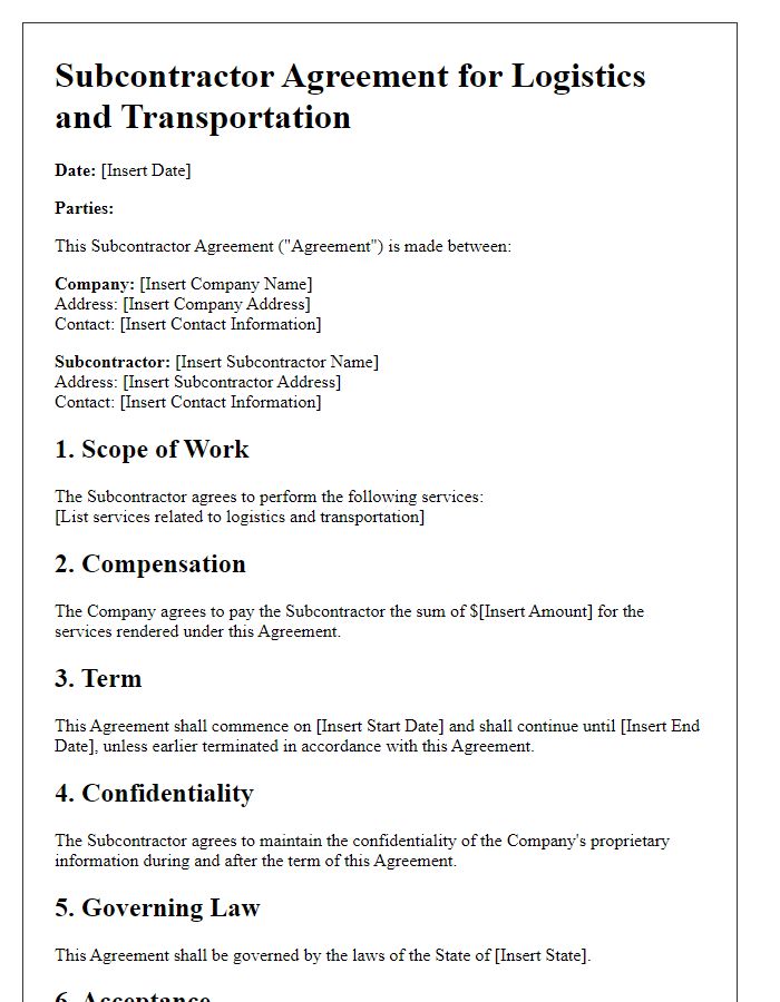 Letter template of subcontractor agreement for logistics and transportation