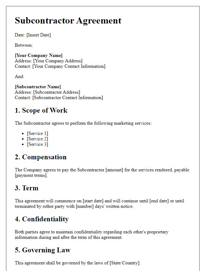 Letter template of subcontractor agreement for marketing services