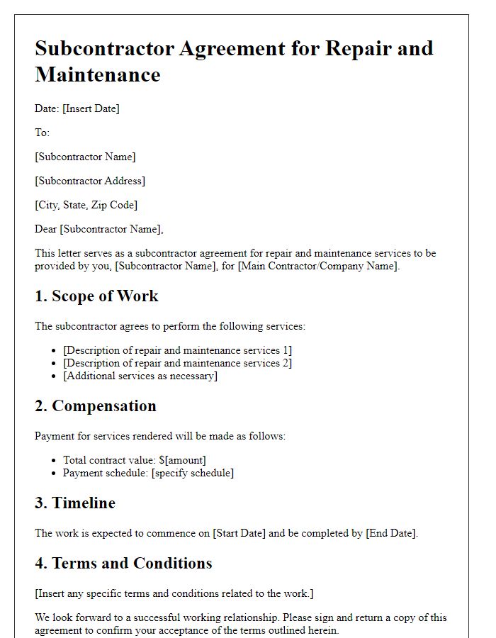 Letter template of subcontractor agreement for repair and maintenance