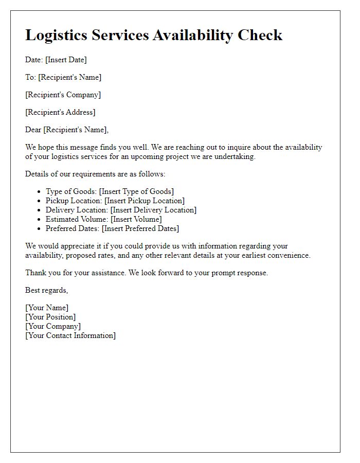 Letter template of logistics services availability check.