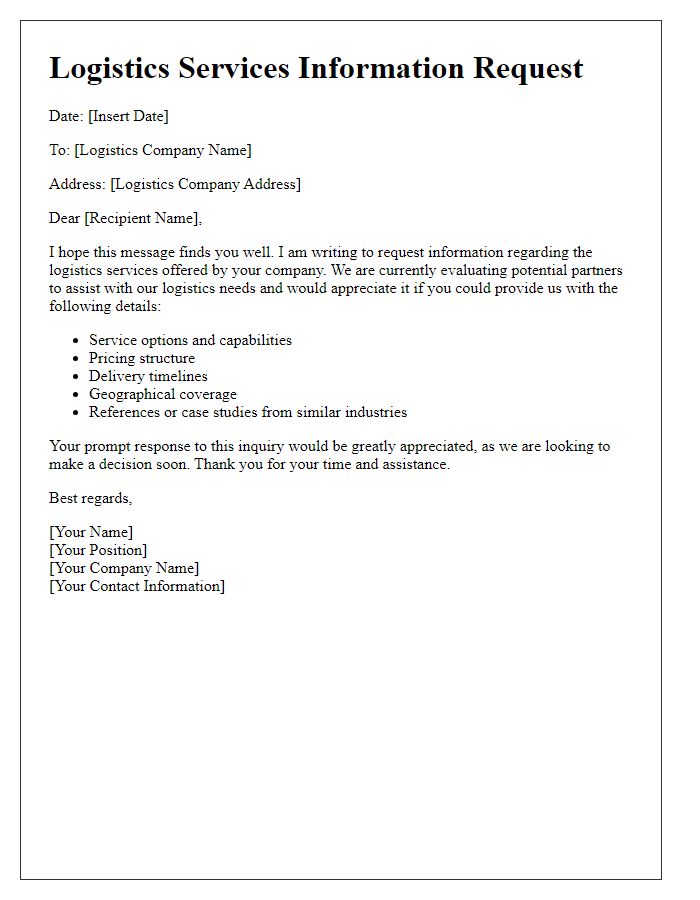 Letter template of logistics services information request.