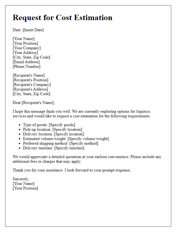 Letter template of logistics services inquiry for cost estimation.