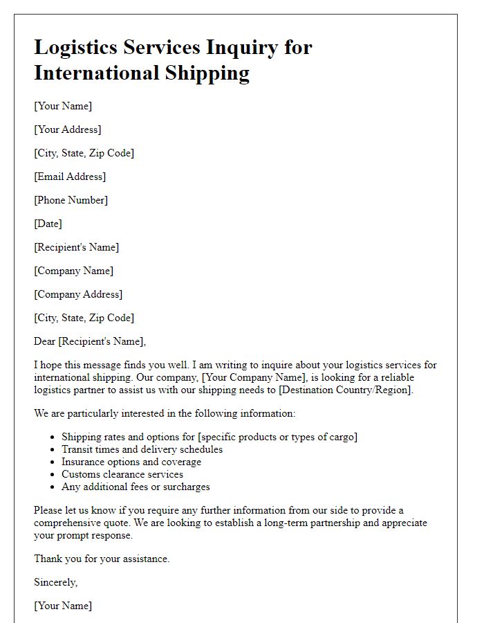 Letter template of logistics services inquiry for international shipping.