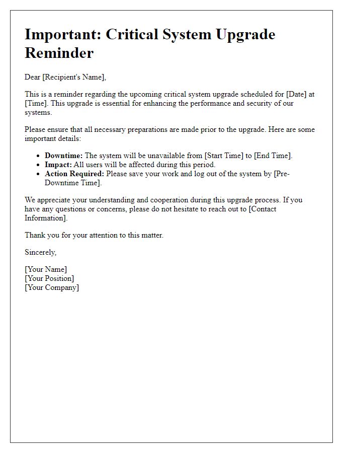 Letter template of critical system upgrade reminder