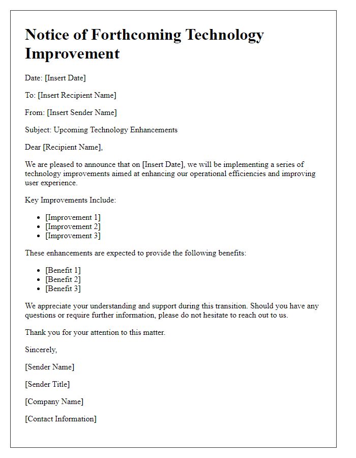 Letter template of forthcoming technology improvement notice