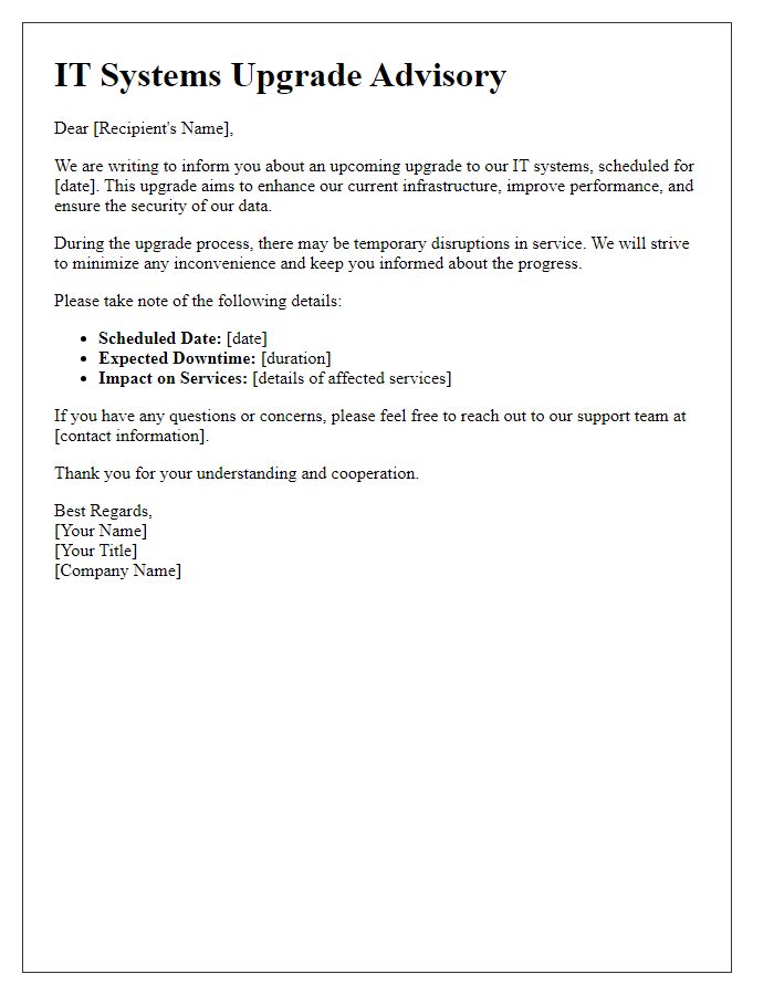 Letter template of IT systems upgrade advisory