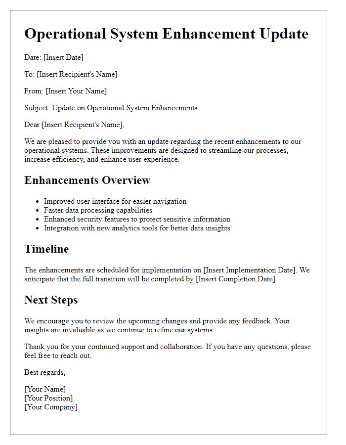 Letter template of operational system enhancement update