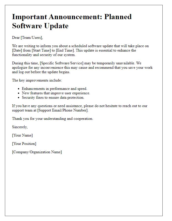 Letter template of planned software update communication