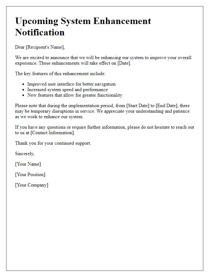 Letter template of upcoming system enhancement notification