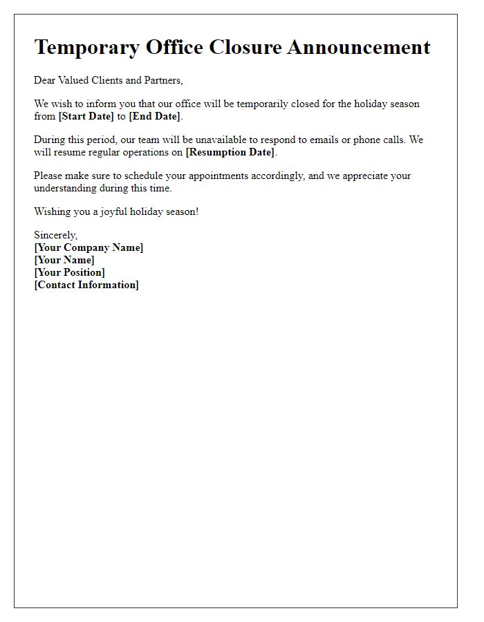 Letter template of temporary holiday office closing announcement.