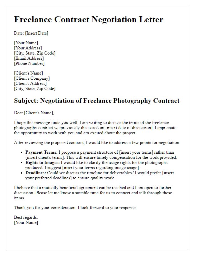 Letter template of freelance contract negotiation for photographers