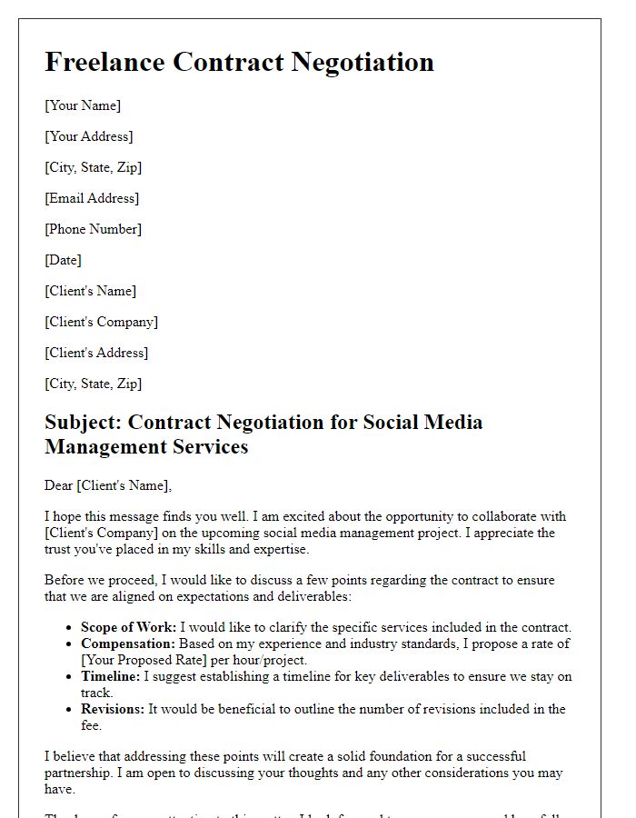 Letter template of freelance contract negotiation for social media managers