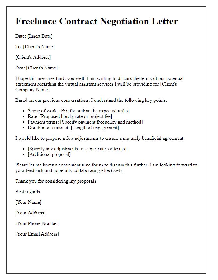 Letter template of freelance contract negotiation for virtual assistants