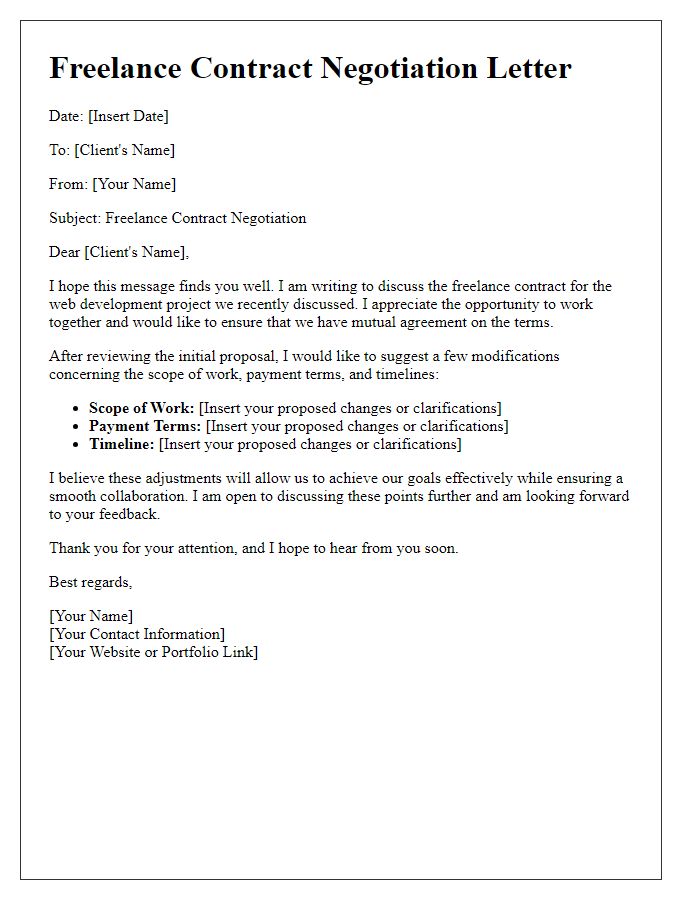 Letter template of freelance contract negotiation for web developers