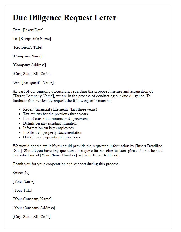 Letter template of merger and acquisition due diligence request