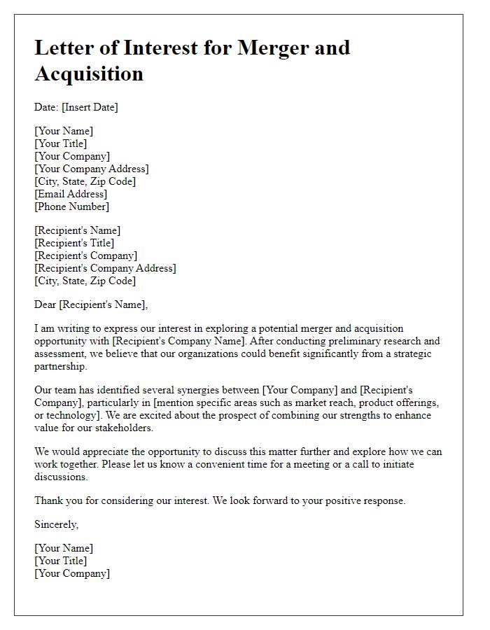 Letter template of merger and acquisition interest expression