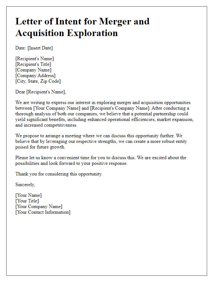 Letter template of merger and acquisition opportunity exploration