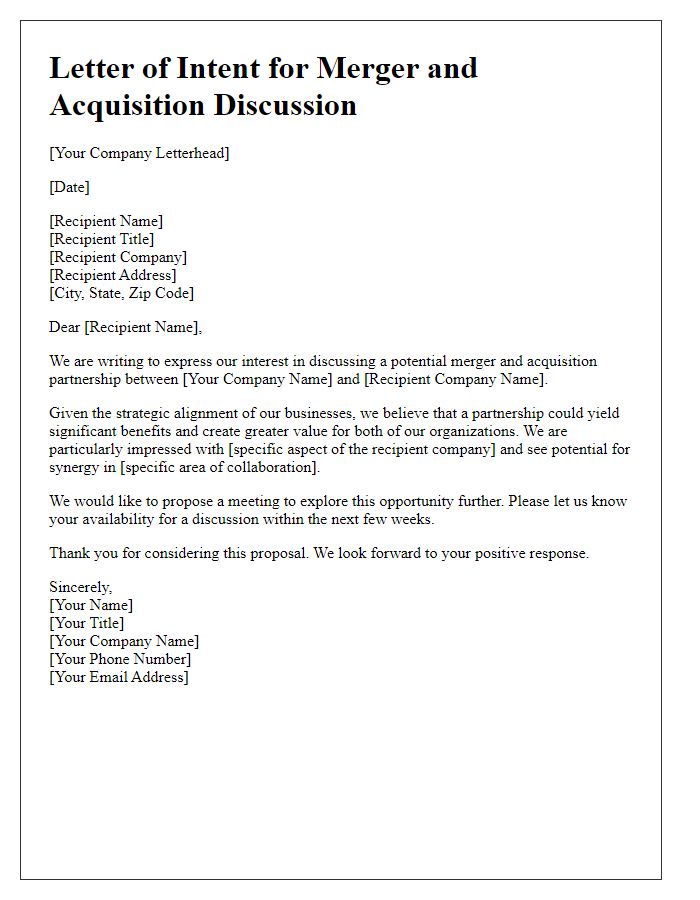 Letter template of merger and acquisition partnership discussion