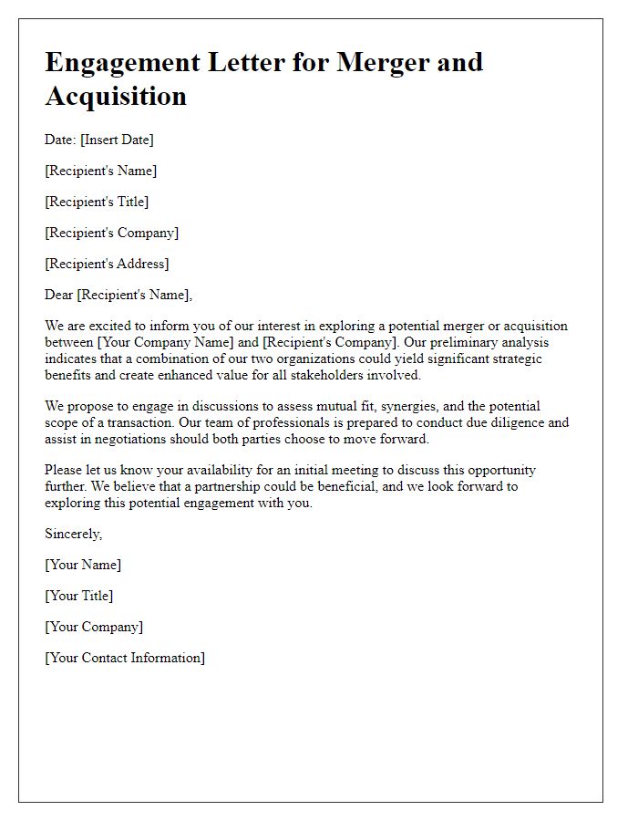 Letter template of merger and acquisition potential engagement