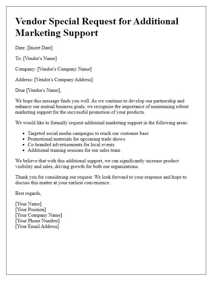 Letter template of vendor special request for additional marketing support