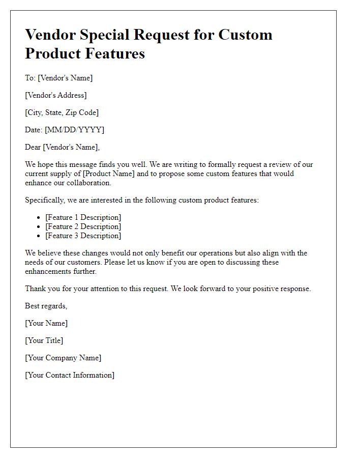 Letter template of vendor special request for custom product features