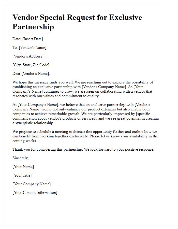 Letter template of vendor special request for exclusive partnership