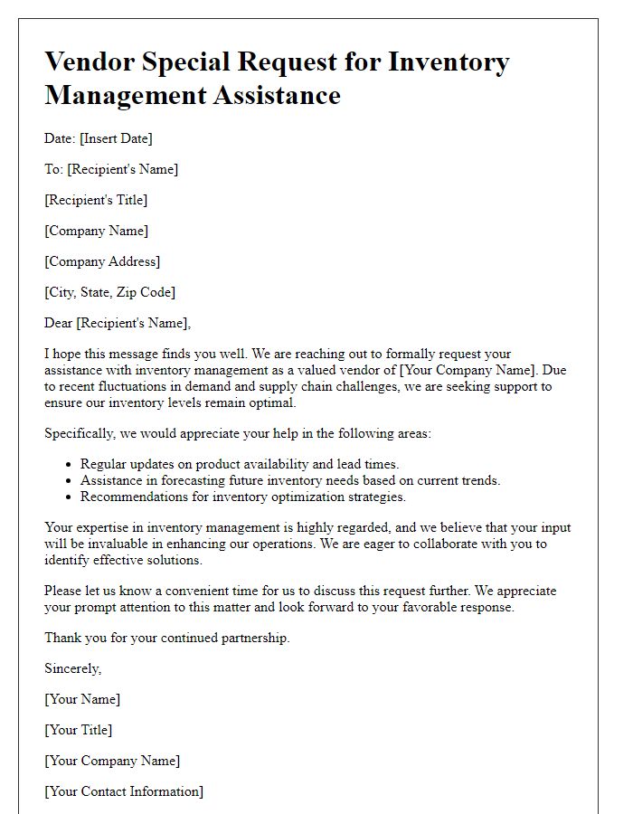 Letter template of vendor special request for inventory management assistance