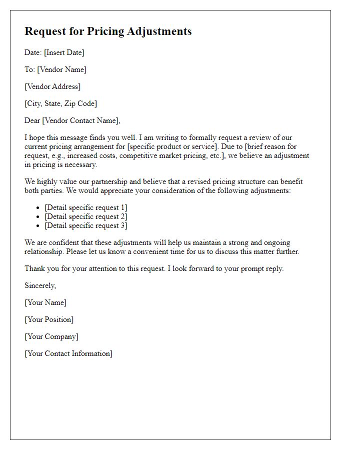 Letter template of vendor special request for pricing adjustments